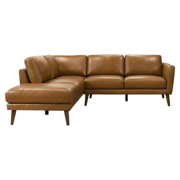 Sofá seccional Benson de cuero color canela con chaise longue orientado a la izquierda