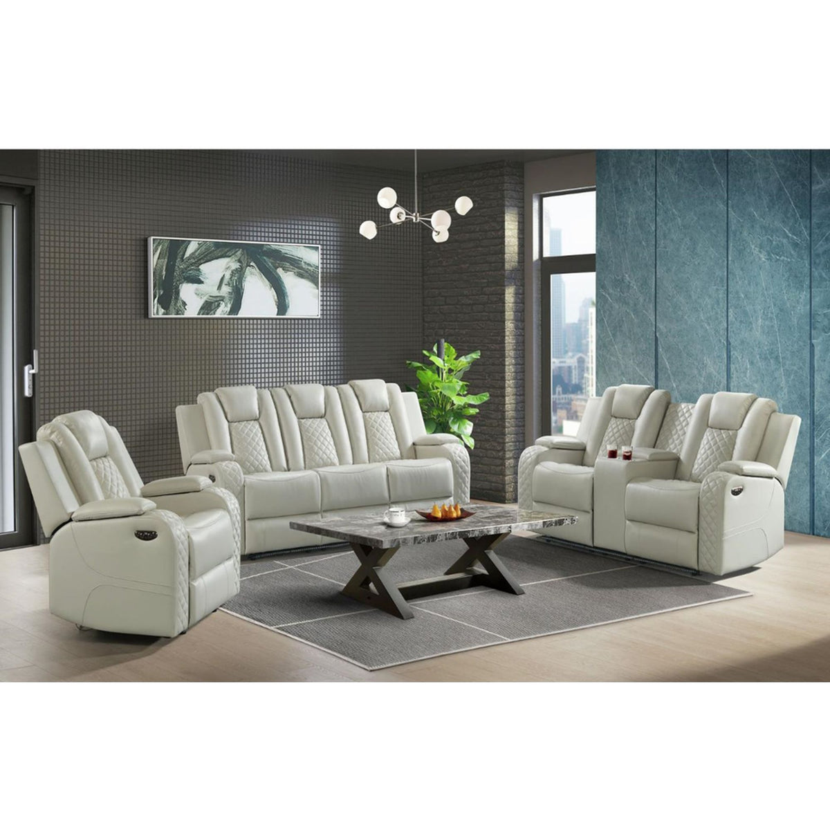 Carlo Power Motion Loveseat With Power Headrest, Console And Led In Pebble Oyster