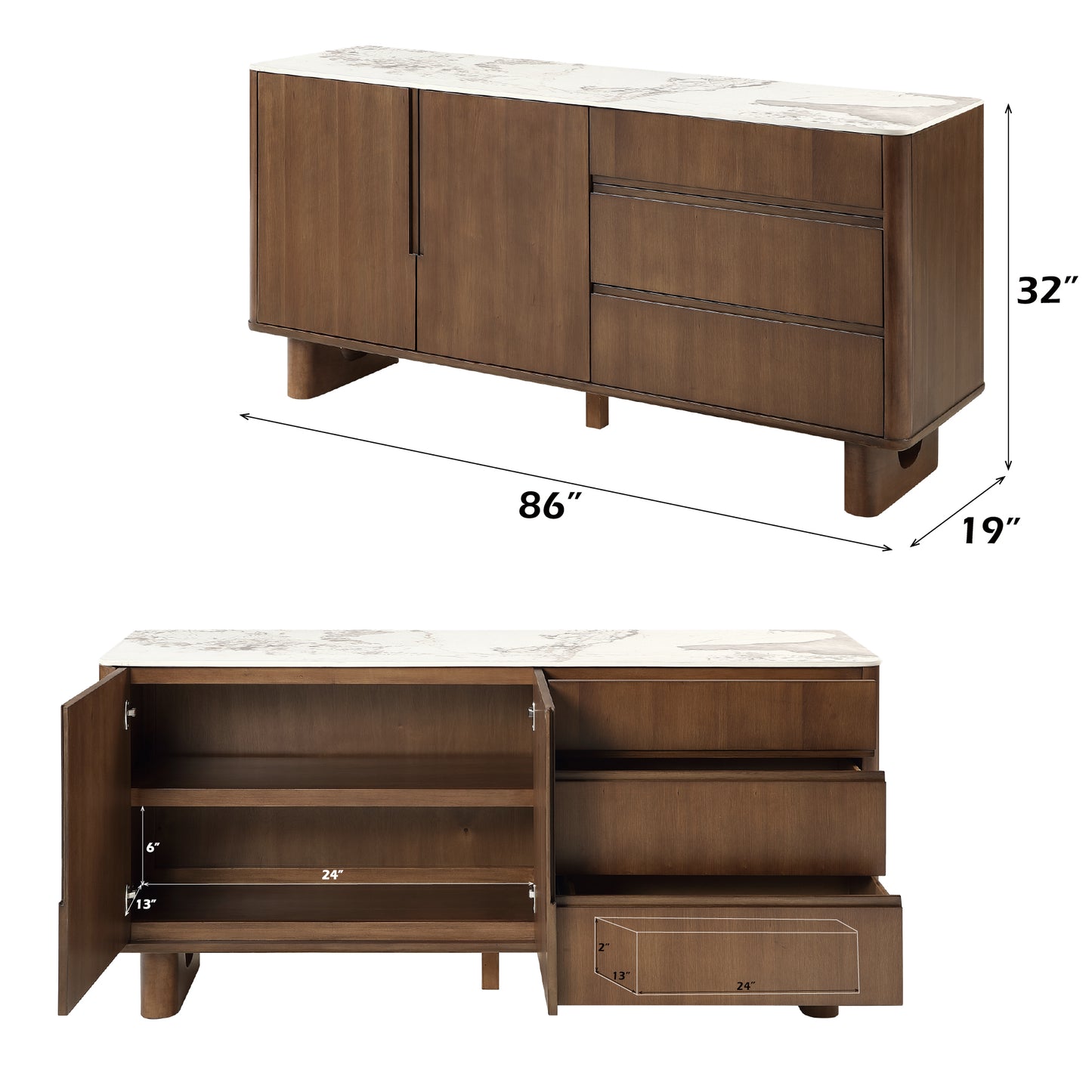 Harvey 3 - Drawer Rectangular Server with Marble Top