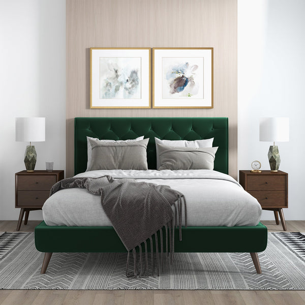 Cama de plataforma Dillon de terciopelo verde oscuro (tamaño Queen)