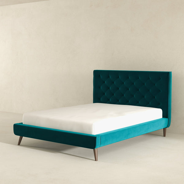 Cama con plataforma de terciopelo verde azulado Dillon (tamaño Queen)