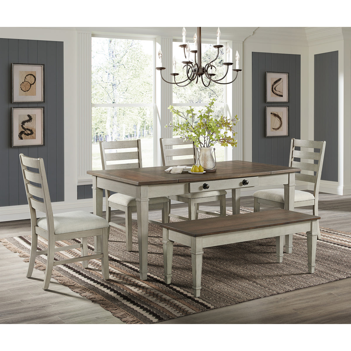 Farmington 6Pc Standard Height Dining Set In Medium Brown And Washed Stone-Rectangular Table, Four Chairs & Storage Bench
