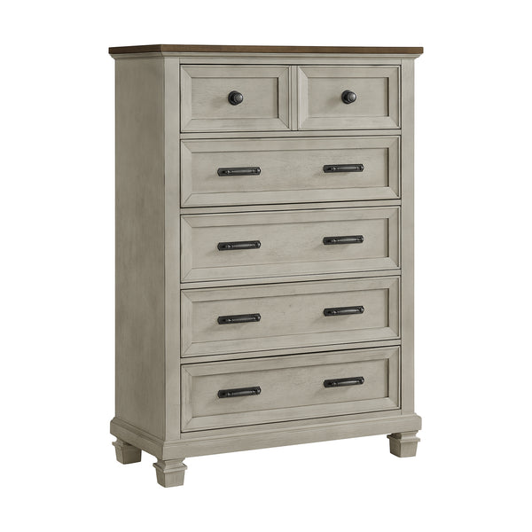 Farmington 5-Drawer Chest In Medium Brown And Washed Stone