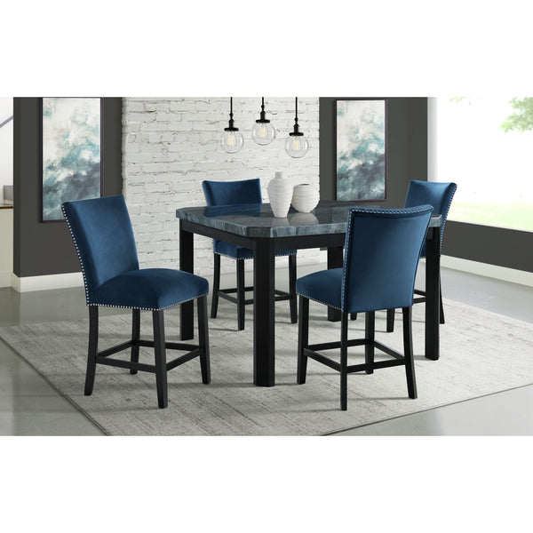 Francesca Grey Marble Square 5Pc Counter Height Dining Set-Table & Four Blue Velvet Chairs