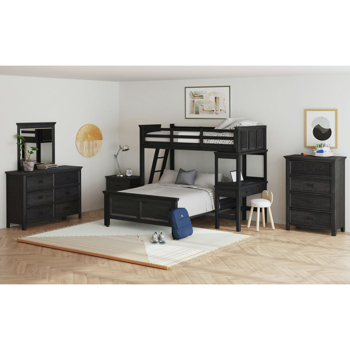 Hampton Kids Twin Over Full Loft With Ladder And Desk With Speaker In Charcoal