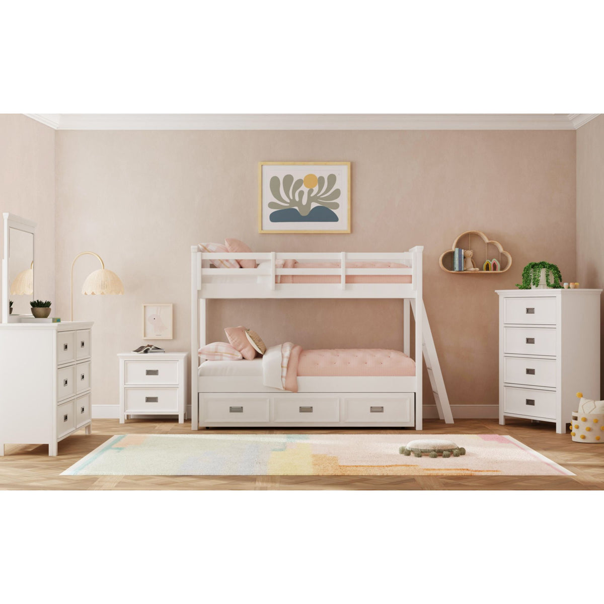 Hampton Kids Twin Over Twin Bunk With Ladder And Trundle In White