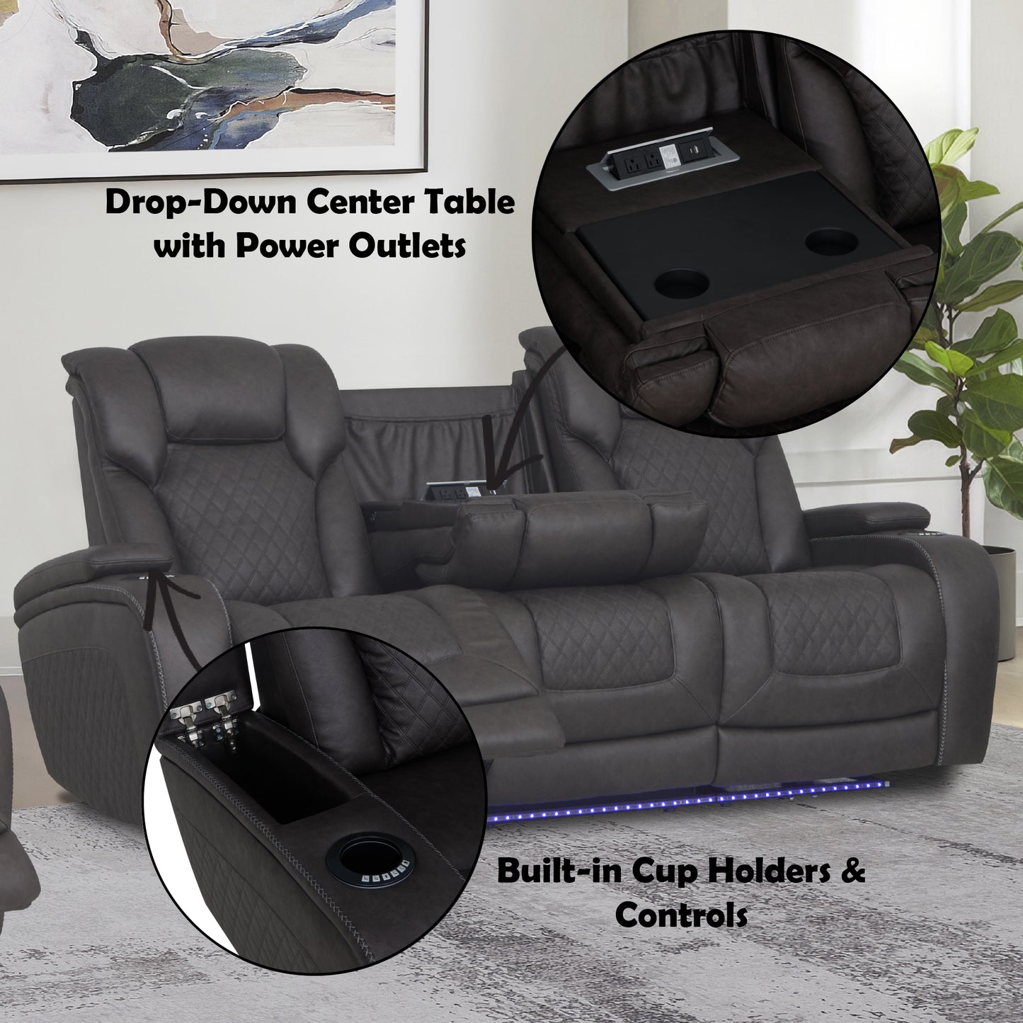 Wendell Microfiber Upholstered Motion Sofa with Drop Down Table, Power Headrest, Cup Holder, Storage, USB and LED Lighting