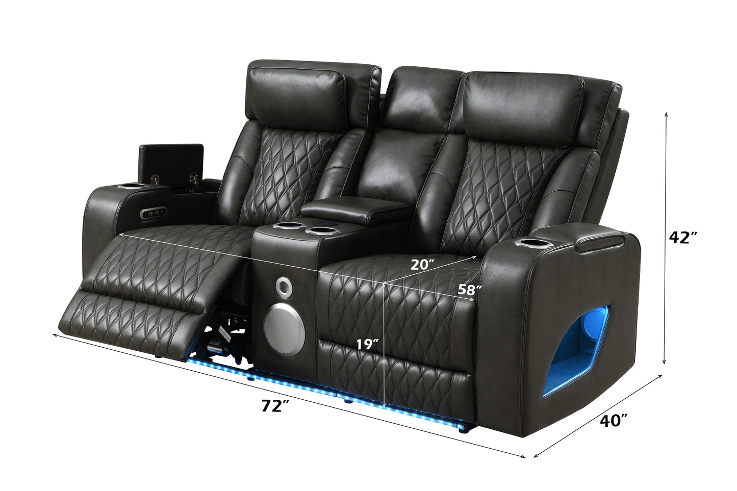 Taddeo Synthetic Leather Upholstered Power Motion Loveseat with Storage Armrests, Cup Holders, Console, Speaker, USB, Wireless Charger and LED Lighting