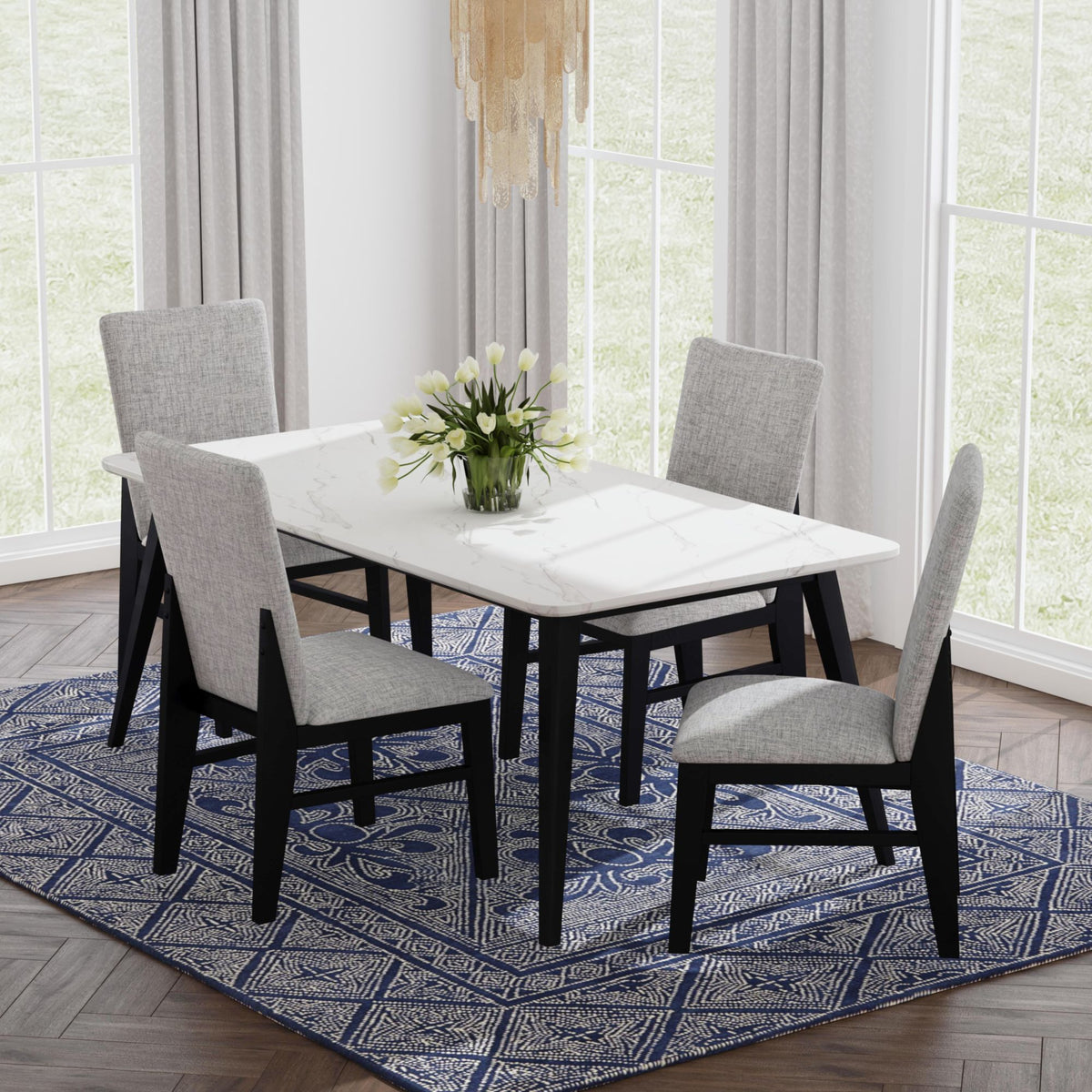 Marlene Dining Table With White Faux Marble Top In Black