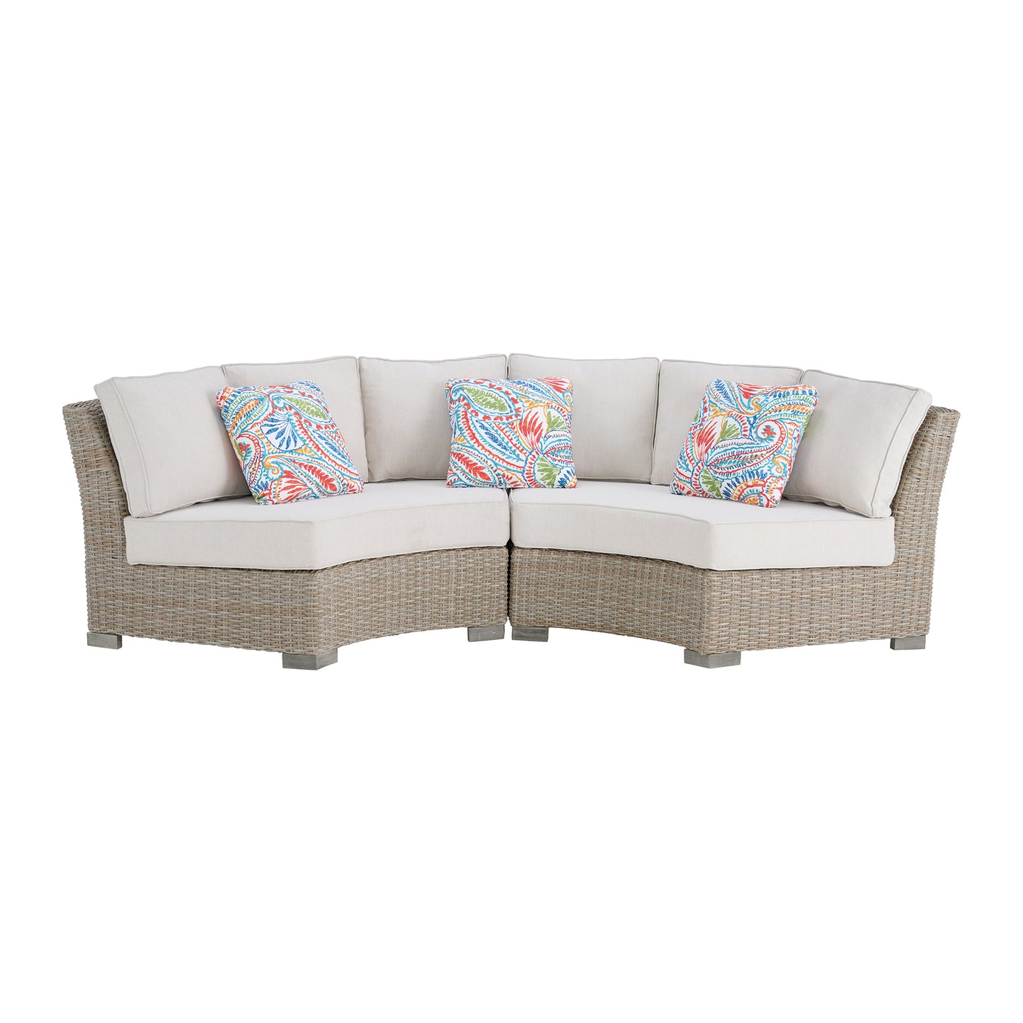 Ollie Curved Loveseat - Tan and Olefin White Cream with 3 Multi Color Pillows