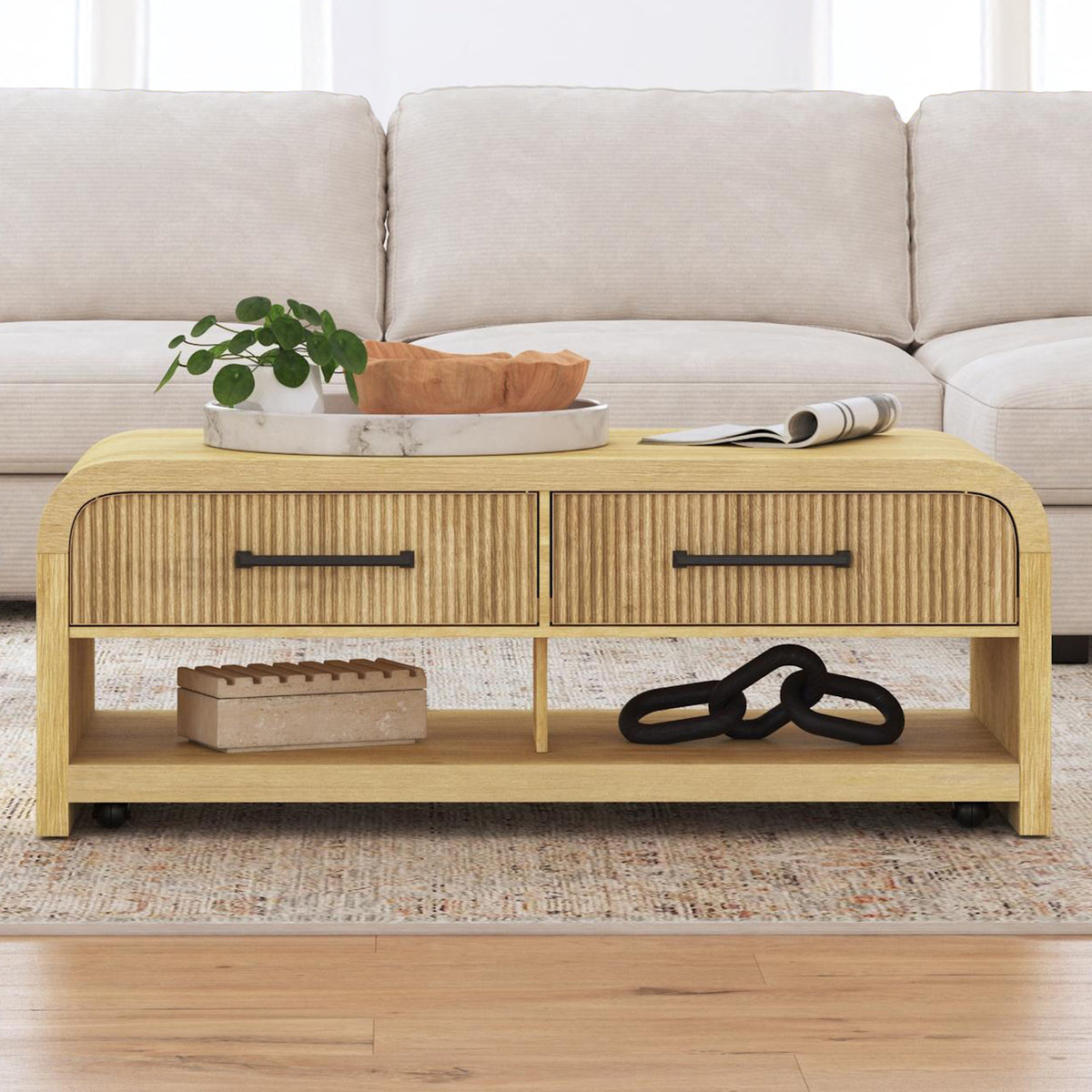 Ridgemont Coffee Table With Casters/Push Through Drawer In Natural