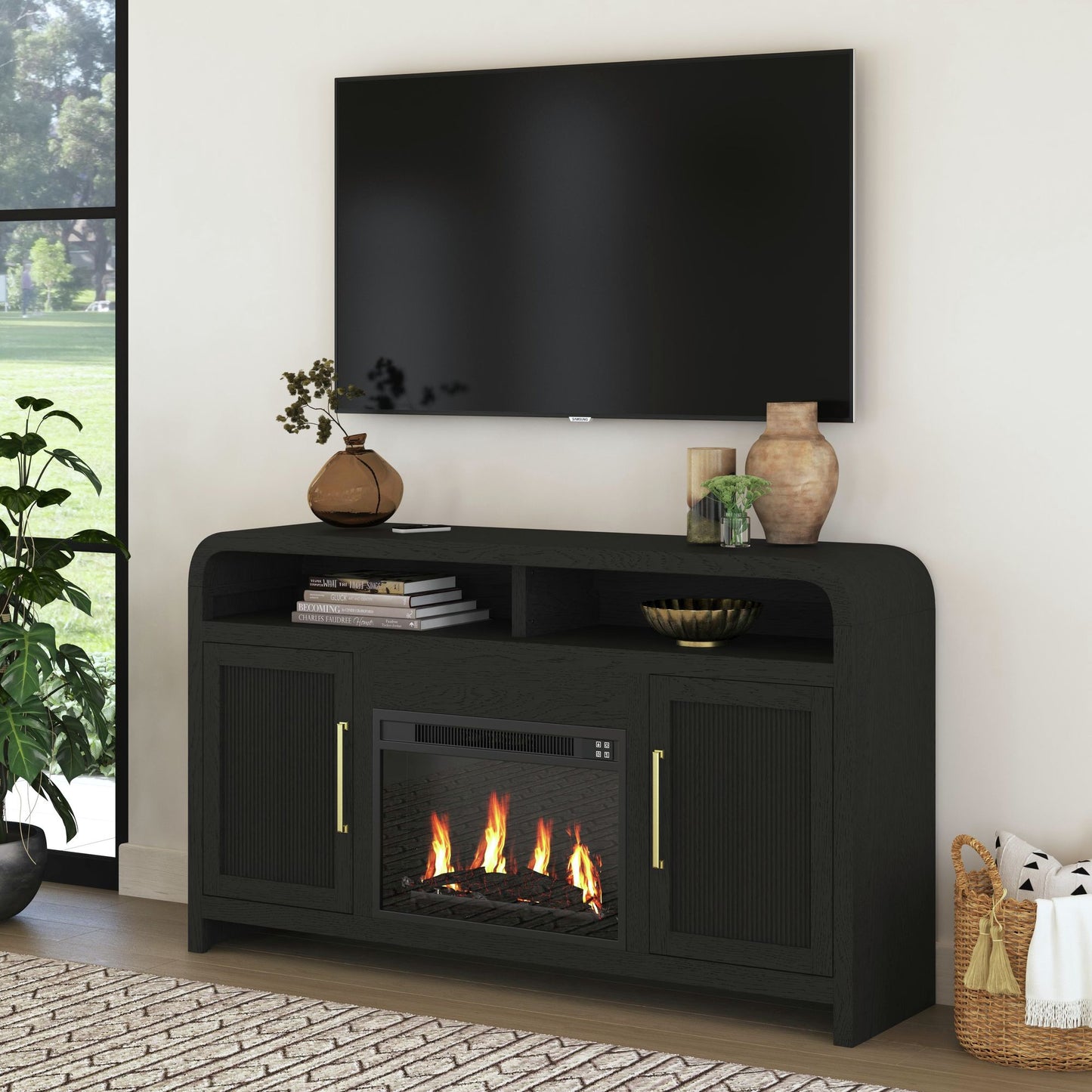 Ridgemont Complete Fireplace Cabinet in Black with Grain - Single Pack