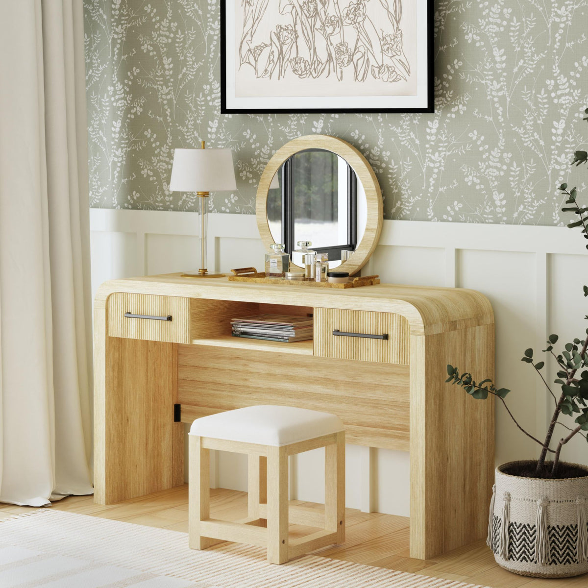 Ridgemont Dressing Stool With White Fabric Cushion In Natural