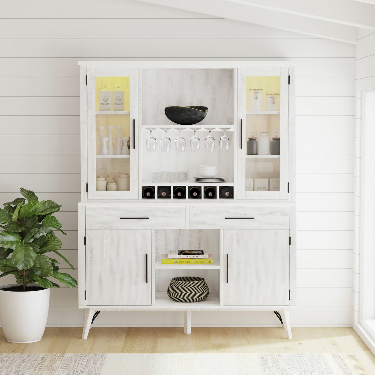 Rogen Rustic Buffet & Hutch With Led In Rustic White
