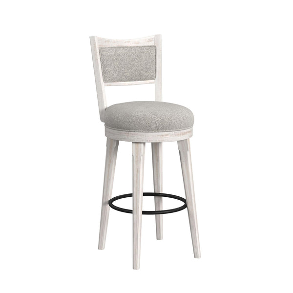 Rogen Rustic Swivel Bar Stool With Grey Fabric In Rustic White (2 Per Carton)