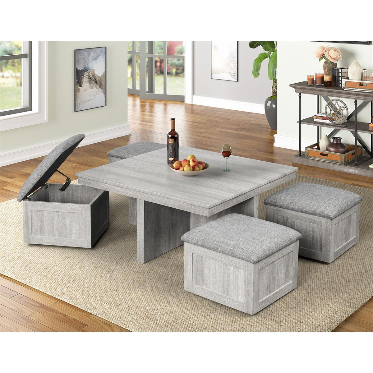 Uster Coffee Table W/Four Storage Stools Grey