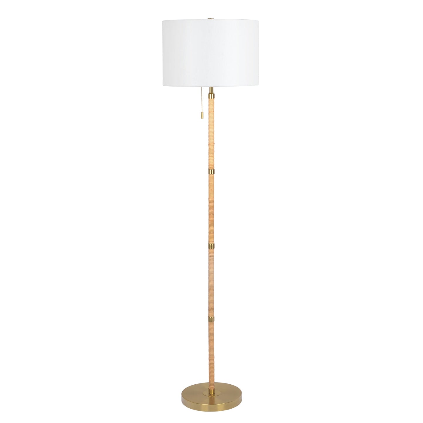 Stellar Wood Rattan Tube - Gold Brass Metal and White Linen Shade Floor Lamp