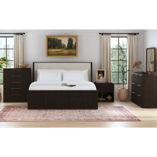 Sylvie King Uph 5Pc Bedroom Set With White Fabric In Dark Brown