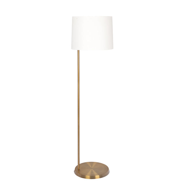 Lámpara de pie Zenith con base de latón descentrada y pantalla de lino en forma de tambor