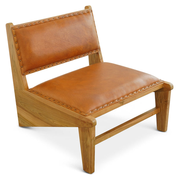 Sillón Talon de madera maciza y cuero color canela