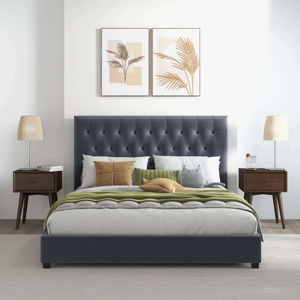 Cama Queen con plataforma Donald de terciopelo gris de mediados de siglo
