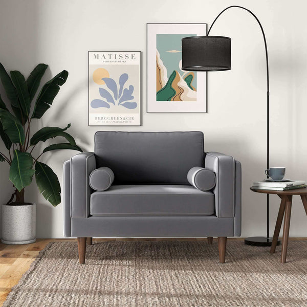 Sillón de terciopelo gris ámbar