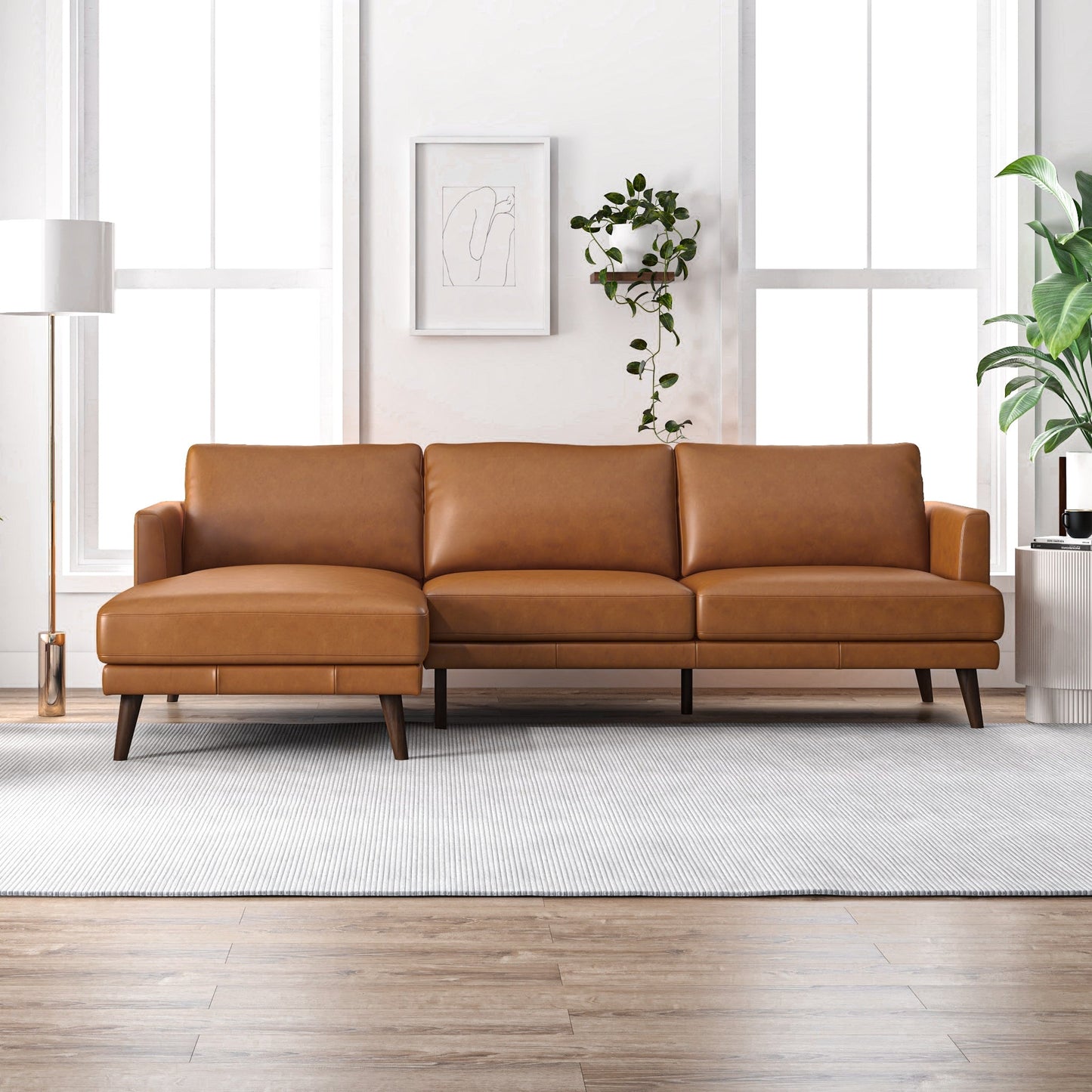 Lore L-Shaped Genuine Leather Sectional In Tan Left Facing