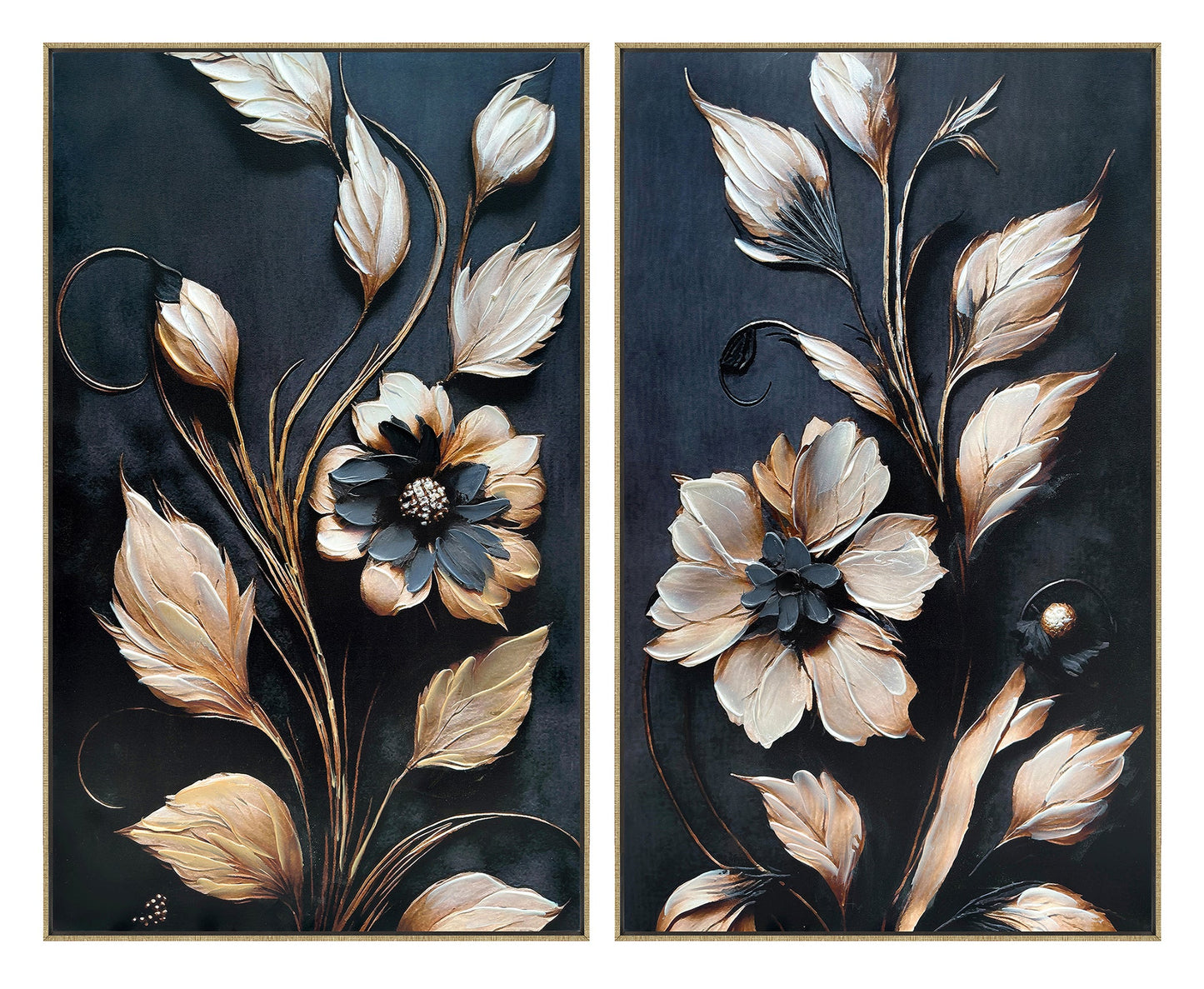 ''Opulent Gilded Botanical Duo'' Hand-painted Canvas in Frame (set)