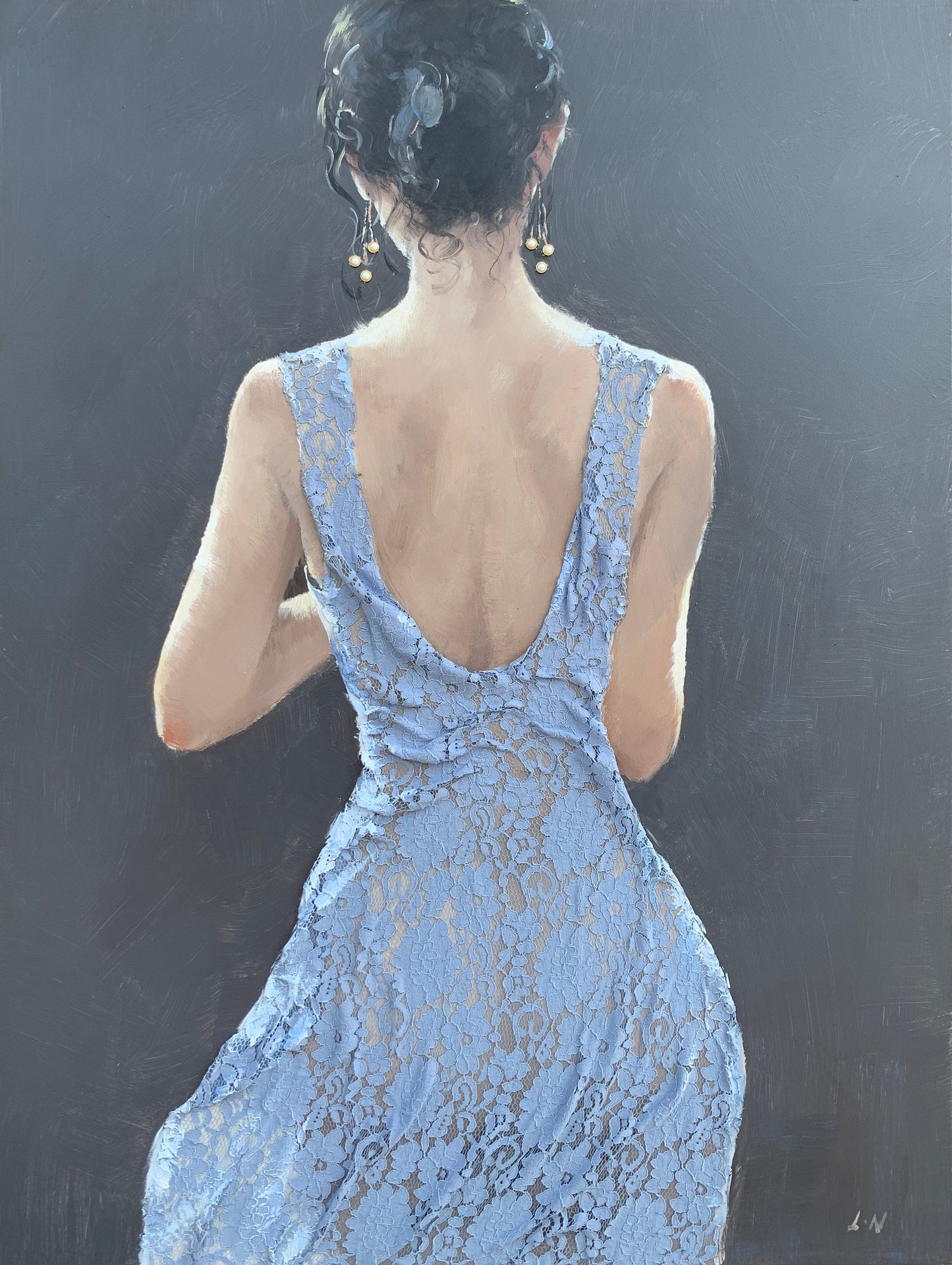 ''Lady in Blue Dress'' Hand-painted Canvas w/ Fabric