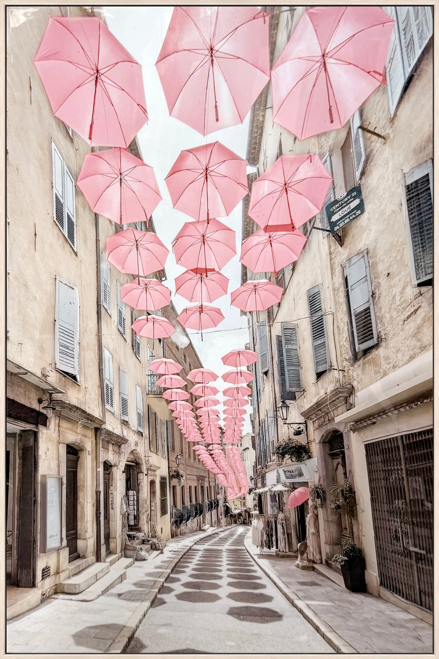 Pink Umbrellas Promenade Gloss Canvas in Frame