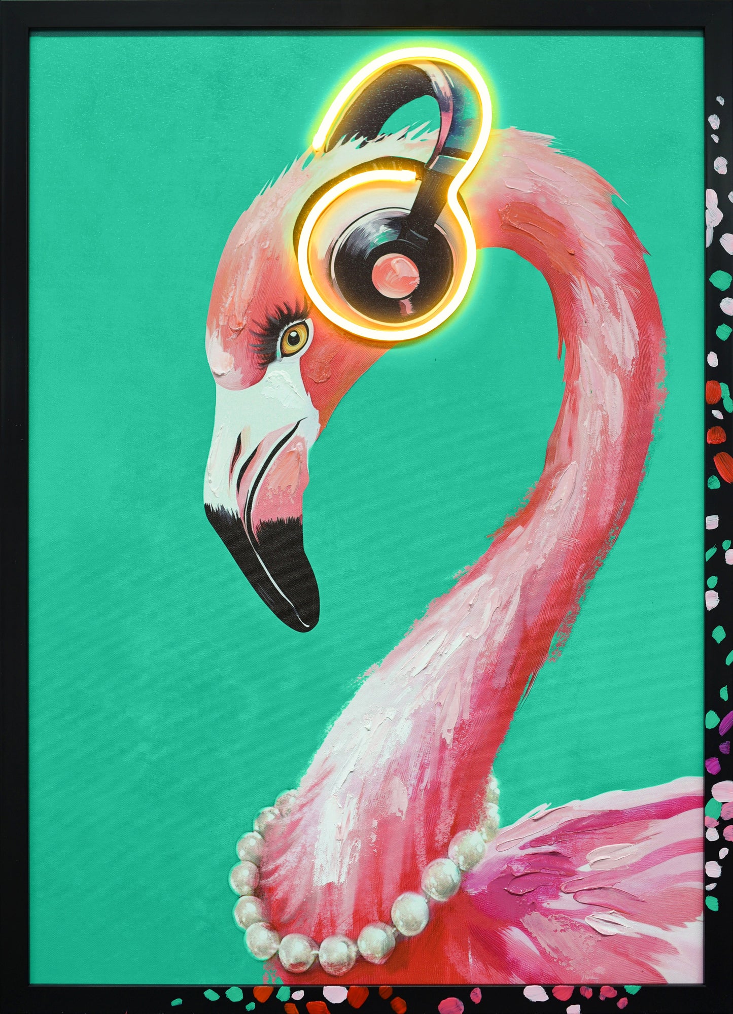''Musical Flamingo Neon'' Hand-painted LED in Frame