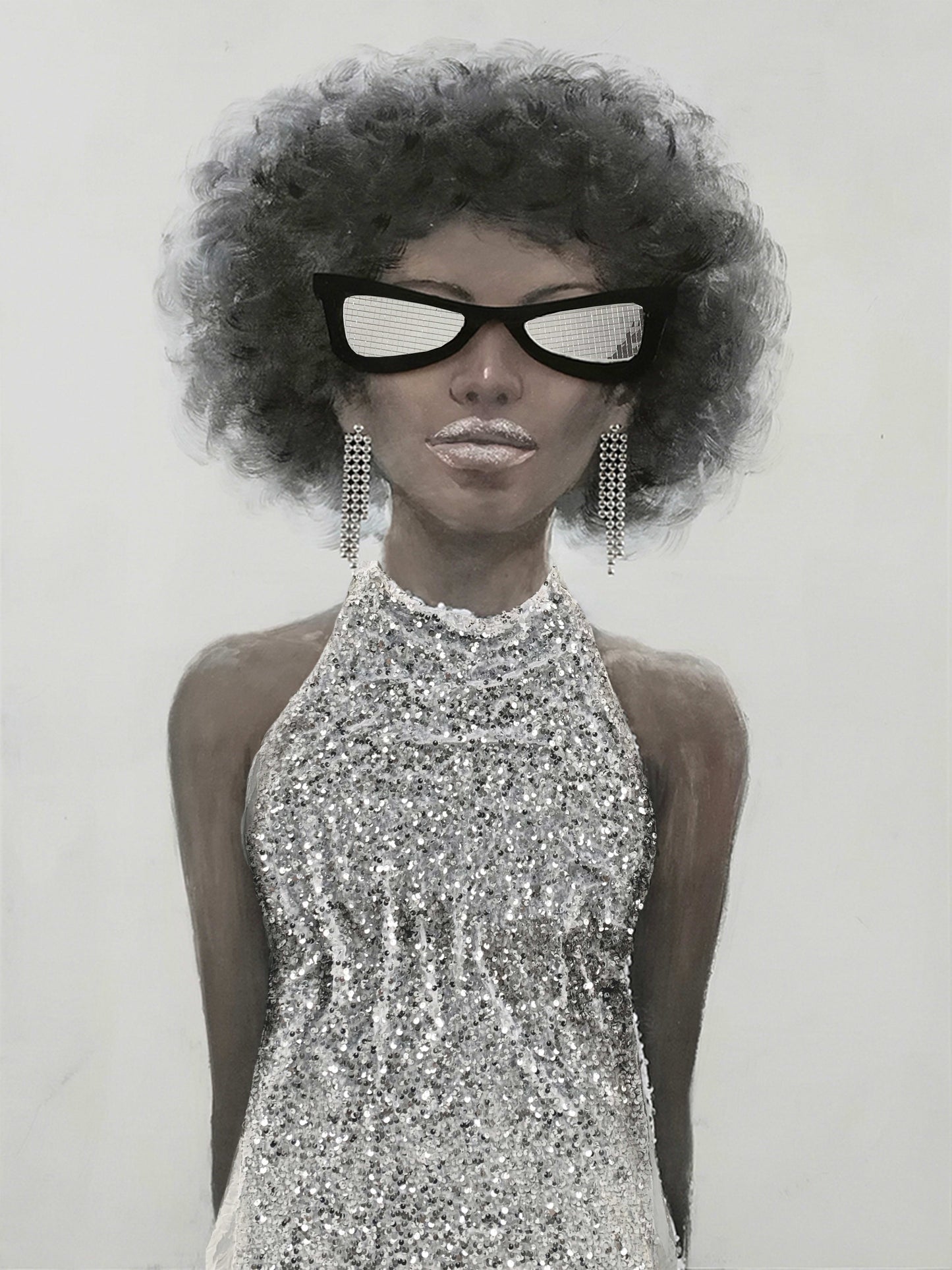 ''Elegant Woman in Silver Attire'' Hand-painted 3D in Frame