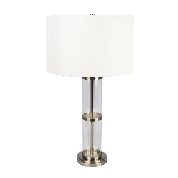 Lámpara de mesa Echo de níquel cepillado con interruptor de encendido y apagado, cuerpo de vidrio transparente y base de metal.