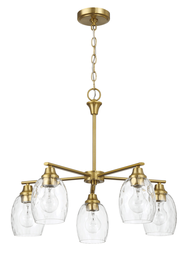 Lámpara de araña elegante de cinco luces con brazos lineales y cadena con acabado en latón dorado, 61 cm de ancho x 21,5 cm de alto, con cristal transparente.