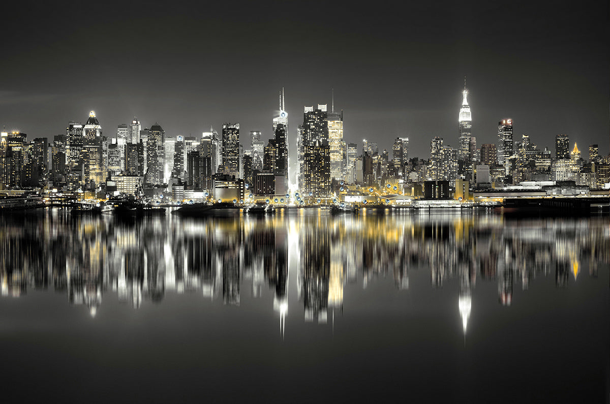 ''Gilded Skyline: New York Reflections'' Hand-painted Wrapped Canvas