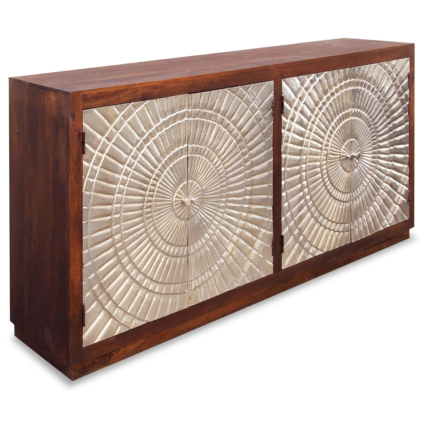 HALIFAX SIDEBOARD | Silver Metal Wrapped Doors with Dark Walnut Finish on Mango Wood | 4 Door