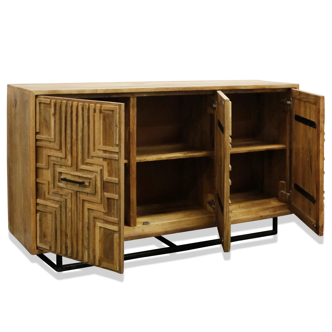 DERMOTT SIDEBOARD | Walnut Finish on Mango Wood with Black Metal Base | 3 Door
