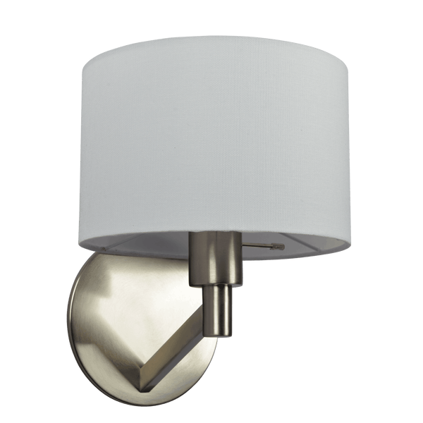 Lámpara de pared Nebula con base de níquel cepillado, interruptor giratorio y pantalla de tela blanca