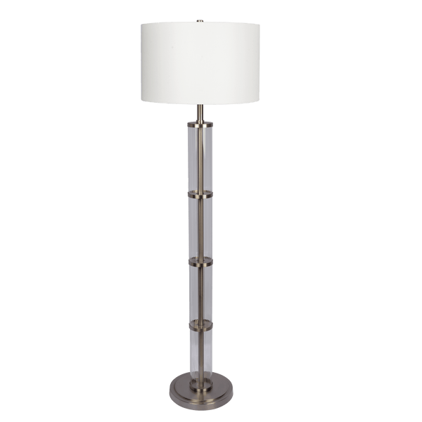 Lámpara de pie Nimbus de níquel cepillado con interruptor giratorio de 3 vías, cuerpo de vidrio transparente y base de metal.