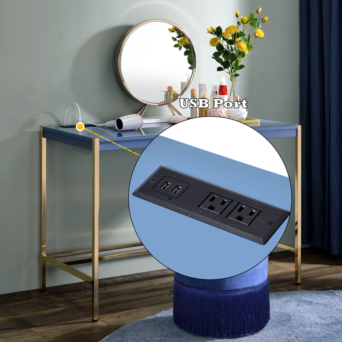 Midriaks Writing Desk W/USB - Navy Blue & Gold