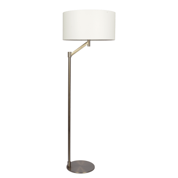 Lámpara de pie Serene de níquel cepillado con interruptor giratorio, base de metal y pantalla de lino blanco.