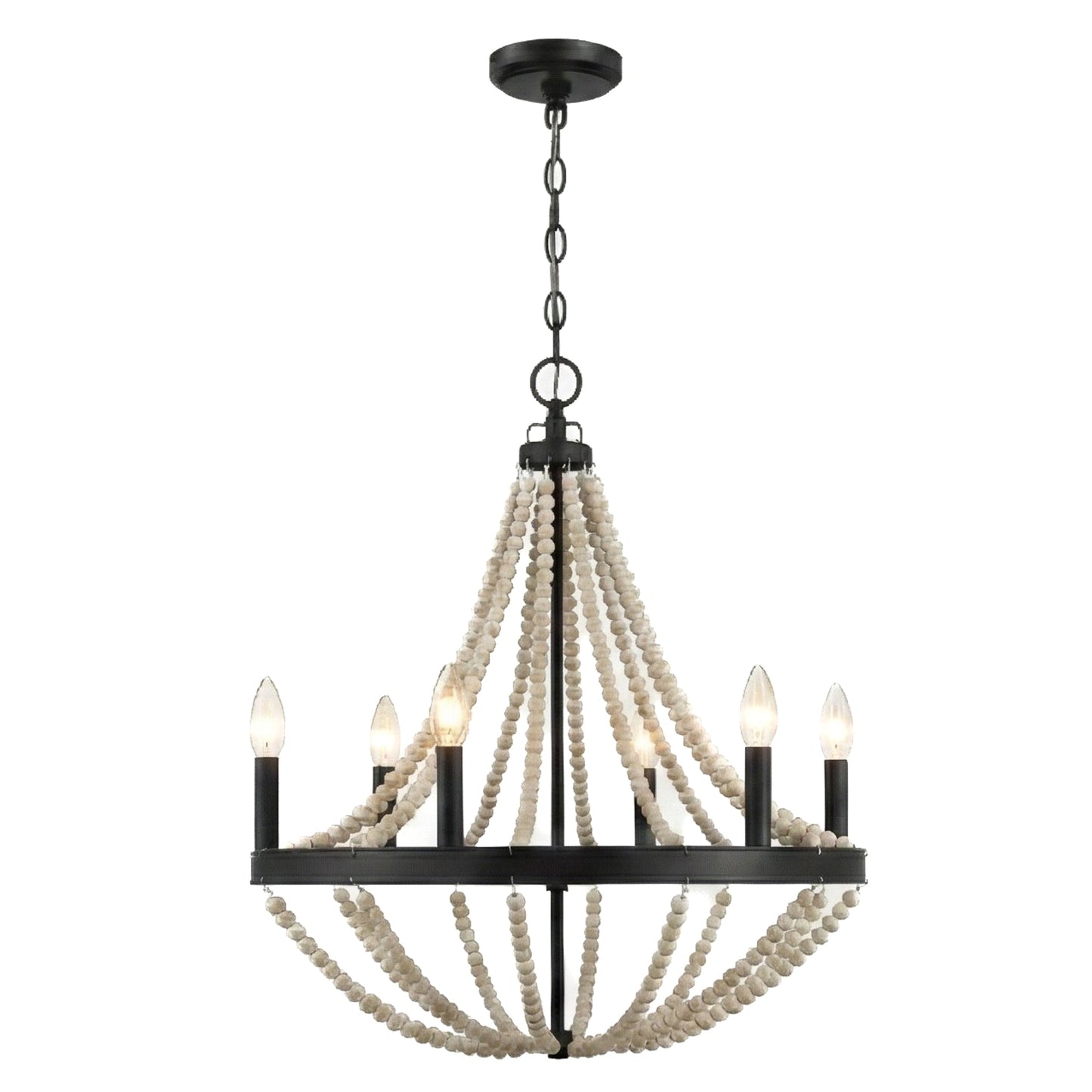 Lámpara colgante de madera estrellada estilo granja con seis velas y cuentas de madera negras para comedor