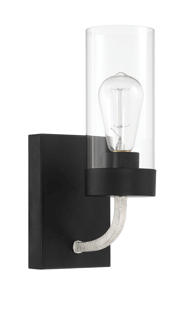 Aplique Zephyr de una luz con cristal transparente y acabado en metal negro