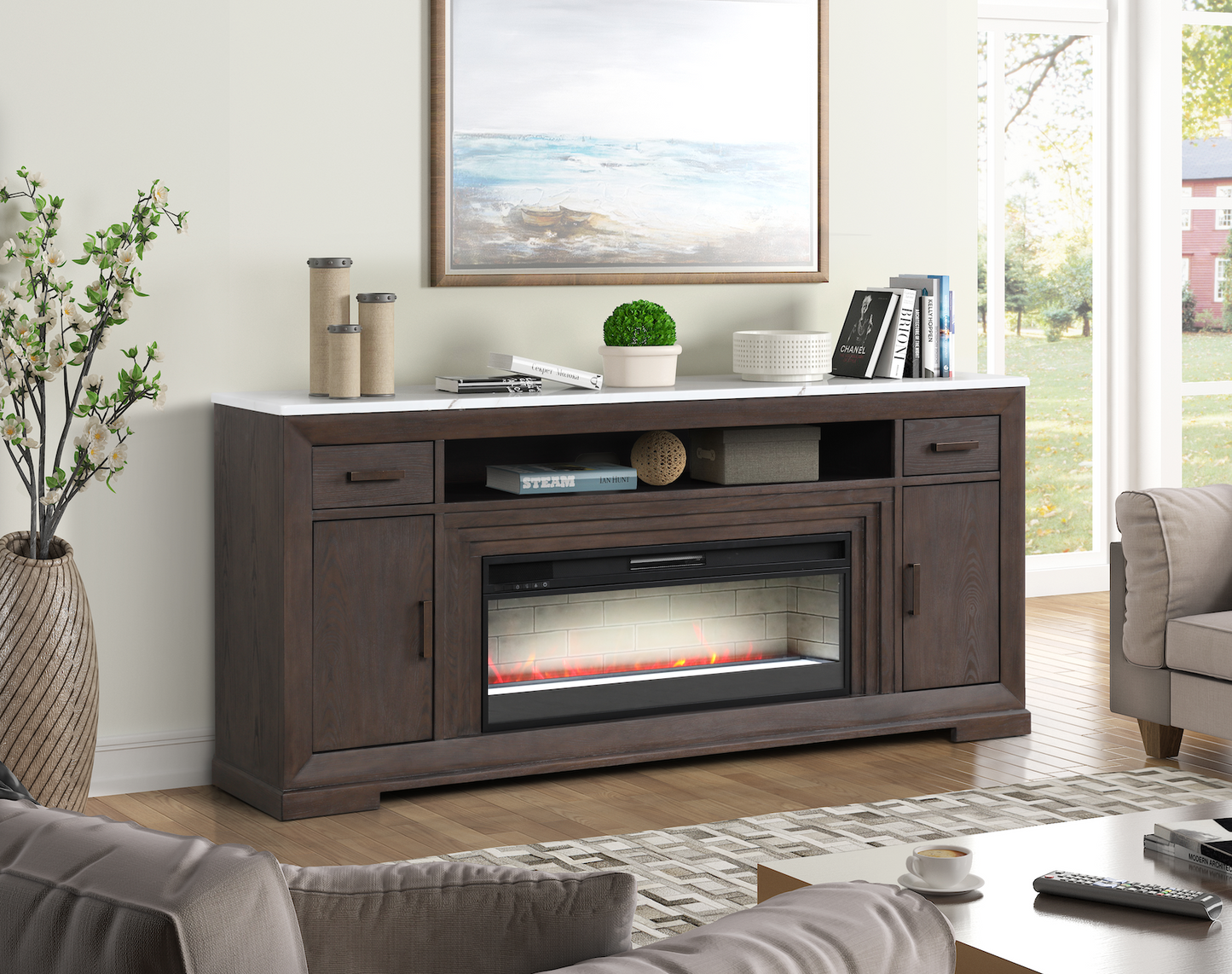 Avalon Media Console TV Chimenea Consola Tapa de mármol blanco sintético