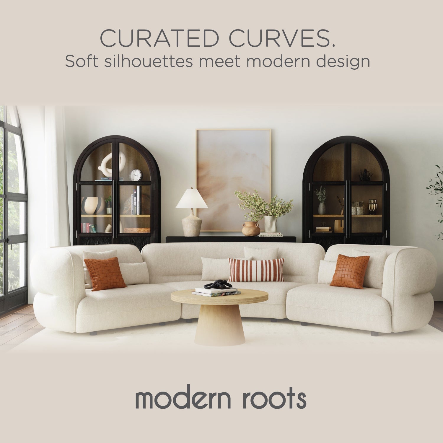 Modern Living Room sectional sofa with Arched cabinets. 