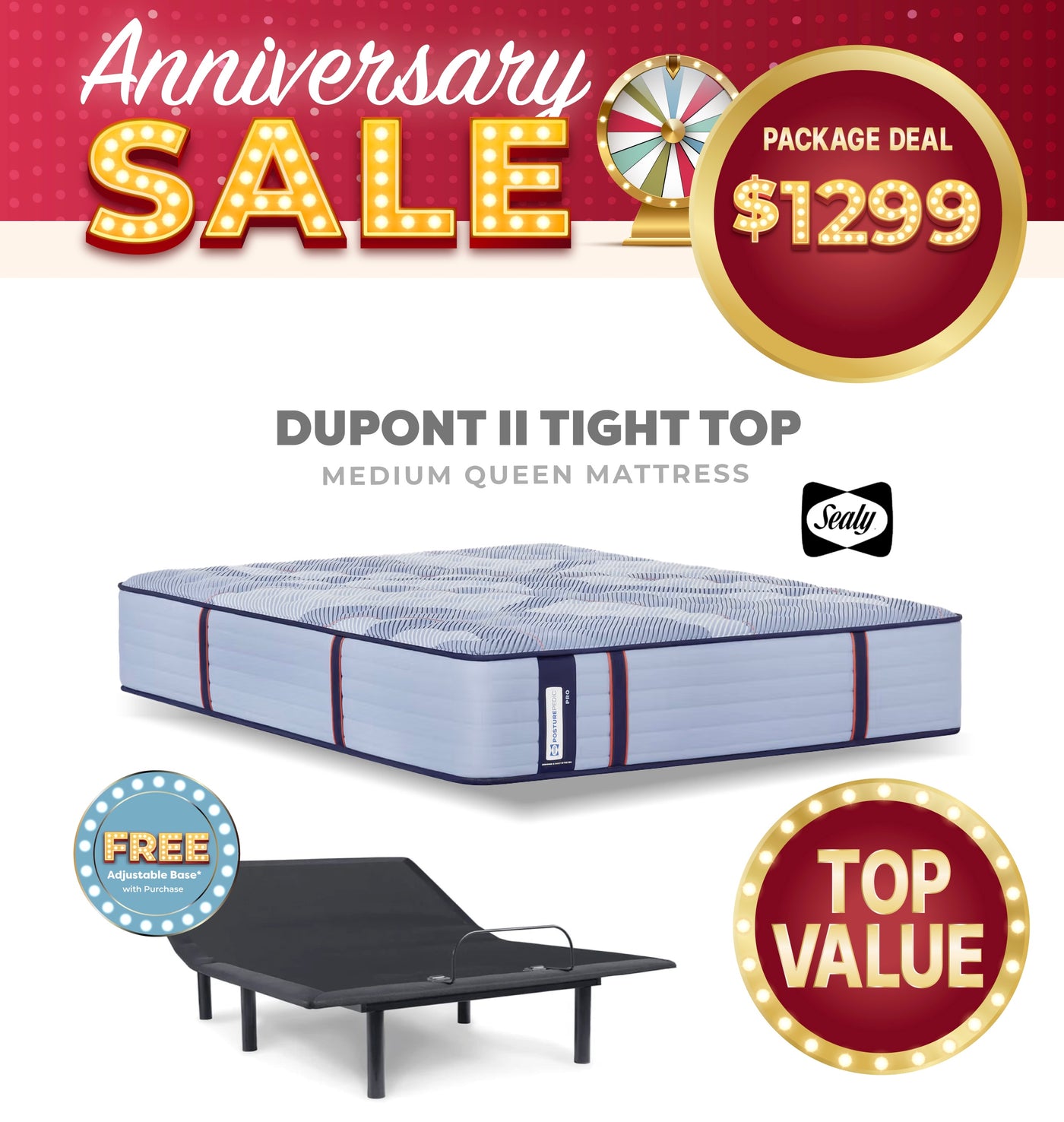 Sealy Dupont II Tight Top Medium Queen Mattress + Free Adjustable Base