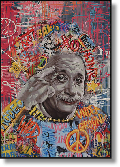 ''Einstein Urban Graffiti Pop'' Hand-painted Canvas in Frame