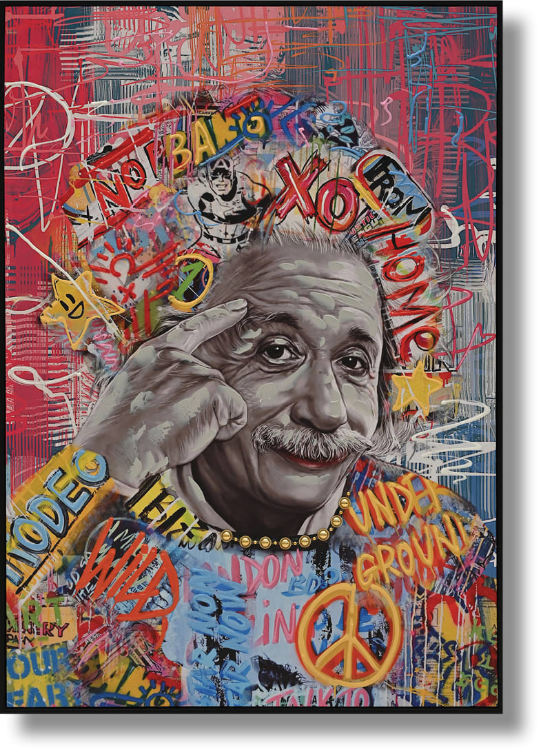 ''Einstein Urban Graffiti Pop'' Hand-painted Canvas in Frame