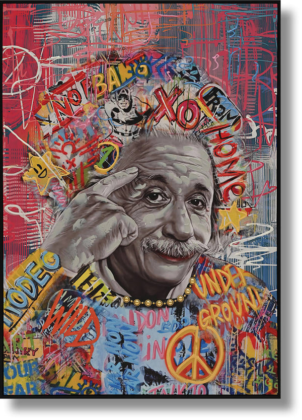 ''Einstein Urban Graffiti Pop'' Hand-painted Canvas in Frame