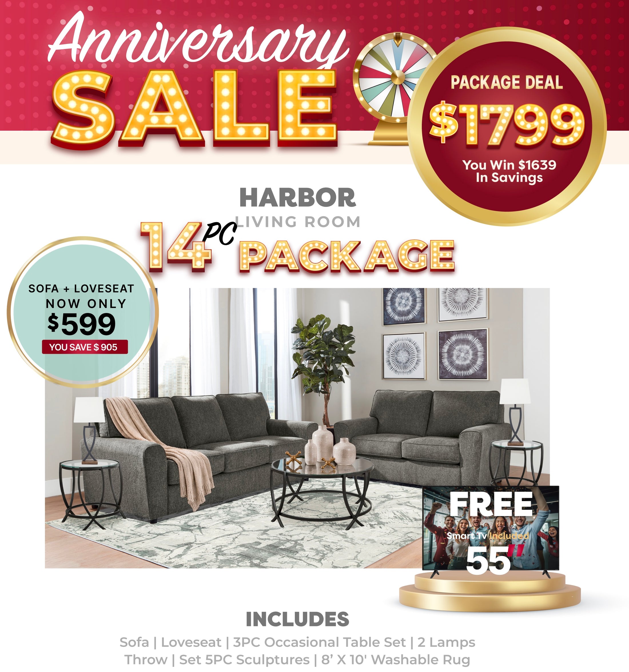 Twin Harbor Living Room 14PC Package + Free 55" LED 4K Smart TV